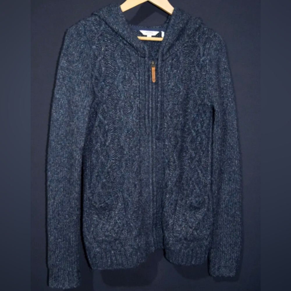 ISO FAT FACE NAVY BLUE MARL CABLE KNIT FULL ZIP HOODIE WITH POCKETS